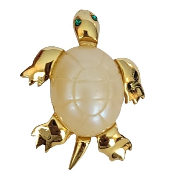 Trifari Crown Over T Gold Tone Plastic Pearl Shell Turtle Pin, Signed K27 - Picture 1 of 9